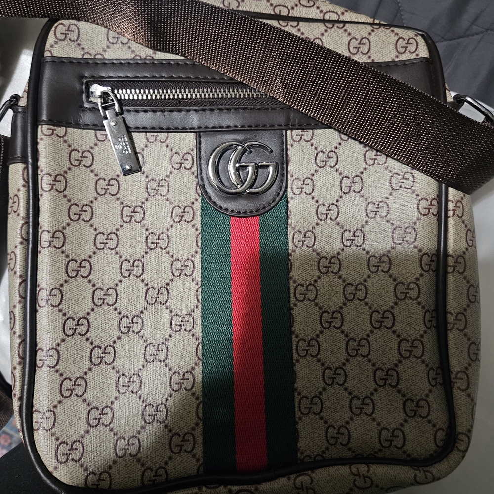 Stylish Beige and Brown Messenger Bag with Green and Red Accent